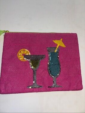 MUDPIE ACCESSORY FUSHIA PINK JUTE CLUTCH 2 SEQUIN DRINK DESIGN FULL ZIP CLOSURE